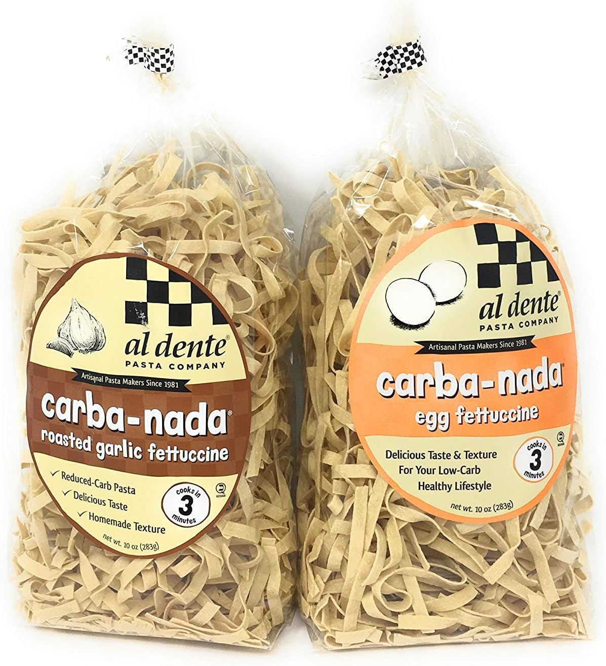 Carba-nada Reduced Carb Fettuccine Pasta Bundle Of Two 10 Ounces Bags: One Egg and One Garlic Roasted Fettuccine - PACK OF 4
