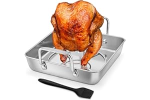 HaSteeL Beer Can Chicken Holder 3Pcs, Includes Stainless Steel Vertical Chicken Roaster Stand Rack, Heavy Duty Roasting Drip Pan & Silicone Oil Brush, Great for Smoker Grill Oven BBQ, Dishwasher Safe