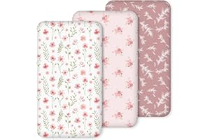 CIVARUA KIDS Nap Mat Sheet 47"x24", 3 Pack Pink Floral Baby Crib Sheets Fitted Elastic Corners, Preschool Day Care Rest Mat Cover, Soft Breathable - Compatible with Regalo My Cot, Joovy Travel Cot