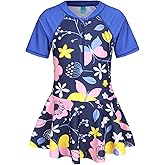 Girls One Piece Swimsuits Hawaiian Skirted Bathing Suit for Kids Girls Summer Swim Dress Short Sleeve Swimwear 3-16 Years