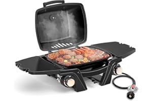 Kukoofyer Gas Grill Portable Propane Grill, Tabletop Grill Propane, 12,000 BTU Outdoor BBQ Grill Camping Grill with Two Burners, Removable Side Tables, Built in Thermometer, Black