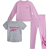 Reebok Toddler Little Girls Athletic Sets - 3 Piece Graphic Tee Shirt, Sweatshirt, and Active Legging Pants Girls Workout Set