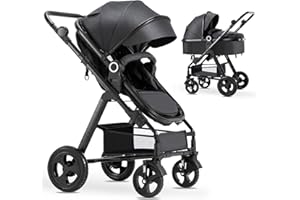 Blahoo Baby Stroller for Newborn, 2 in1 High Landscape Stroller, Foldable Aluminum Alloy Pushchair with Adjustable Backrest.Adjustable Awning, Variable Seat and Recliner(Black Frame)