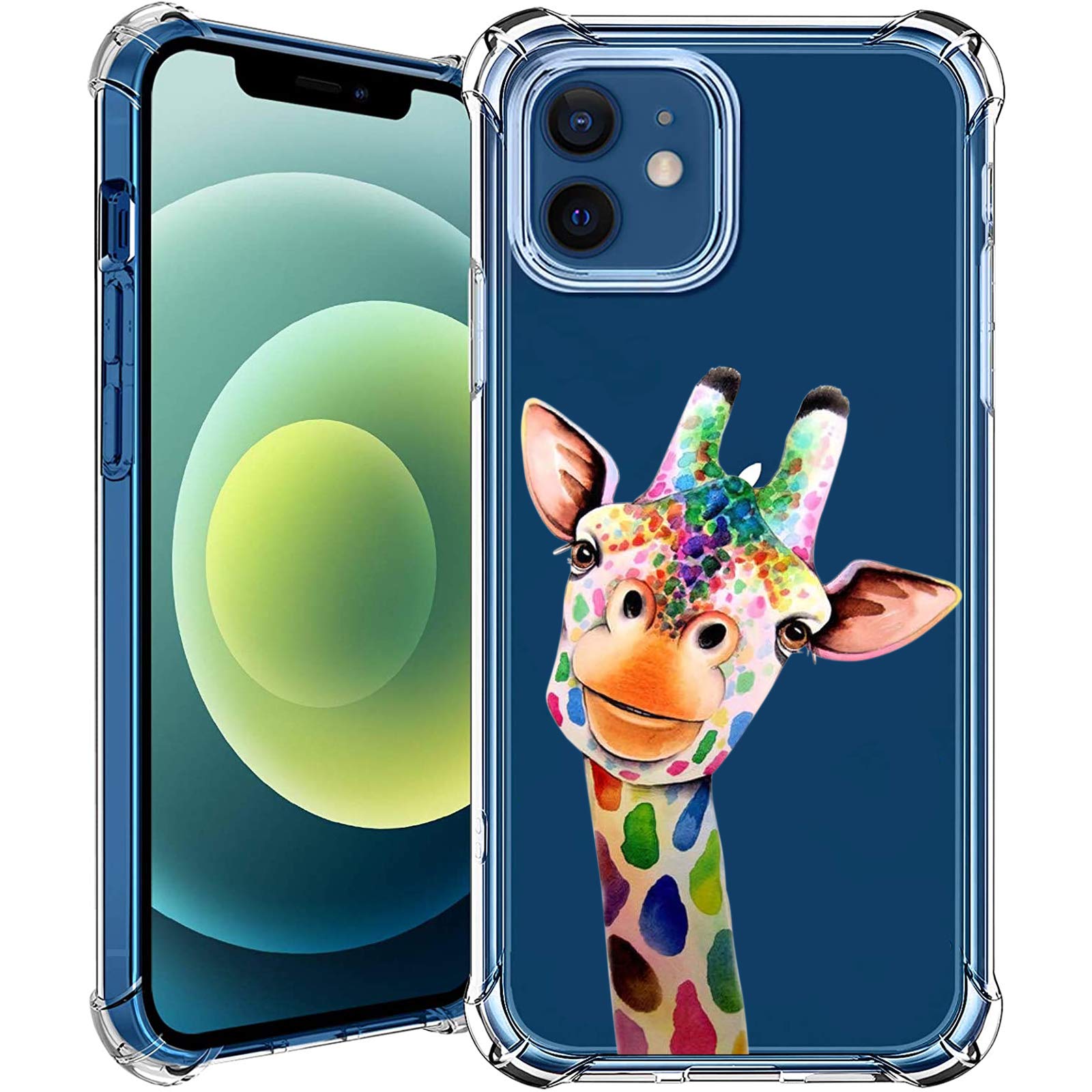 MAYCARI Cute Painting Giraffe Case Clear for iPhone 12/12 pro 6.1 Inch, Art Animals Pattern Transparent Shockproof Anti-Scratch Soft TPU Cover with Air Cushion for Boys Men Women