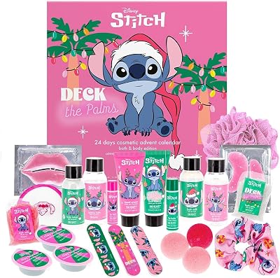 – Disney STITCH Adventskalender mit 24 Kosmetik Produkten, Wellness Adventskalender für Frauen & Mädchen mit Gesichtsmaske, Bodylotion, Haargummi, Nagelfeile – Weihnachtskalender Beauty