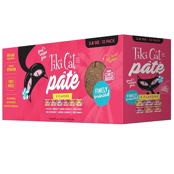 TIKI CAT GRILL PÂTÉ VARIETY PACK, COMBINATIONS OF REAL FLAKED FISH, WET HIGH-PROTEIN & HIGH-MOISTURE CAT FOOD, 2.8 OZ. CANS (PACK OF 12)
