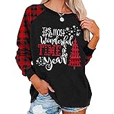 Merry Christmas Shirts for Women Xmas Buffalo Plaid Tree Shirt Tops Christmas Plaid Shirt Long Sleeve Tee Tops