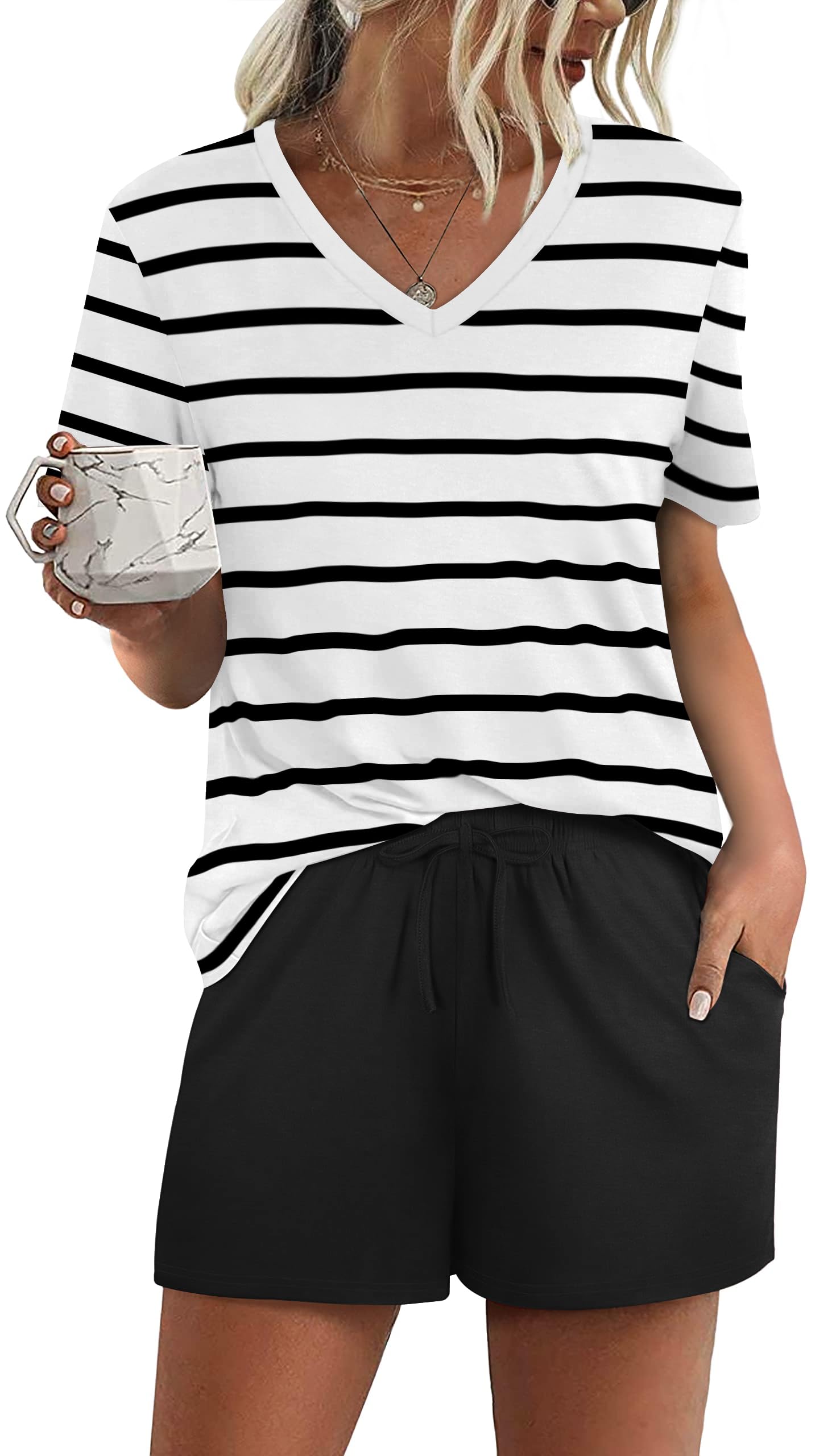 RUBZOOF Women's Short Sleeve Pajama Sets Striped