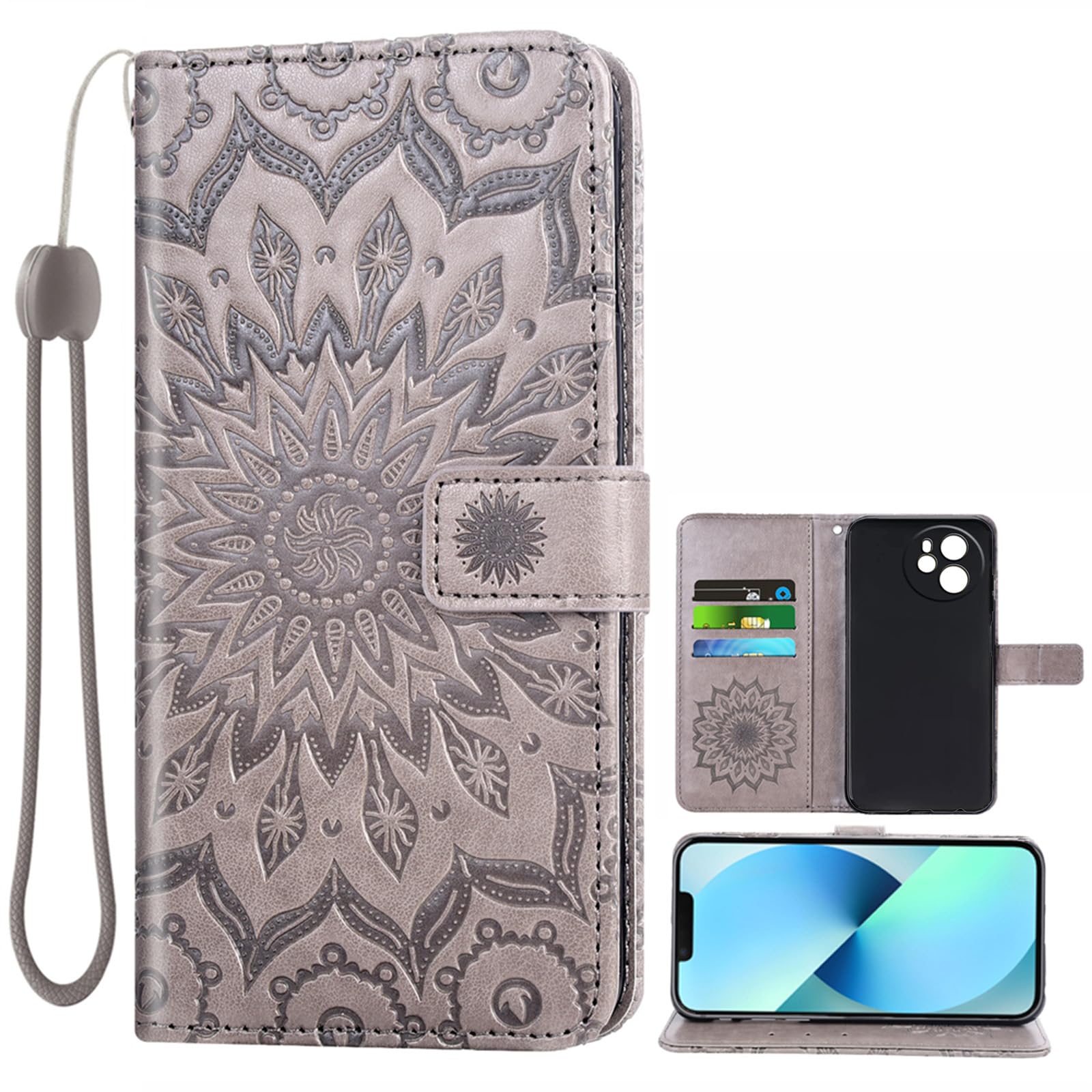 Auotu PU Leather with camera lens protection Wallet Pouch Flip Case Cover With Stand Card Slot Design For Blackview Shark 8 Smartphone (Gray With Flower Pattern)