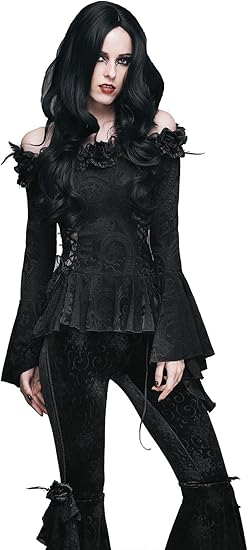 Amazon レディース パンク ゴシック 春 夏 ファッション カジュアル セクシー オフショルダー ロングスリーブ 黑 フレア スリーブ Tシャツ シャツ 長袖 ブラック カットソー トップス Tシャツ カットソー 通販