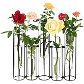 Glass Test Tubes Vase with Stand for Flowers, Black Hinged Bud Vase with Metal Stand Racks Hydroponic Set of 5, Adjustable Pipe Plant Vases Display Set for Table Centerpieces Wedding Decoration