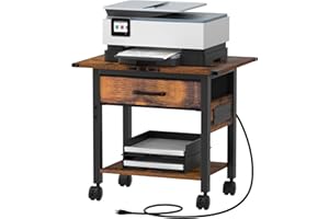 Lerliuo Under Desk Rolling Printer Stand with Charging Station and USB Ports, 2-Tier Printer Table Desk with Fabric Drawer, Printer Cart Holder with Lockable Wheels for Home, Office (Brown)