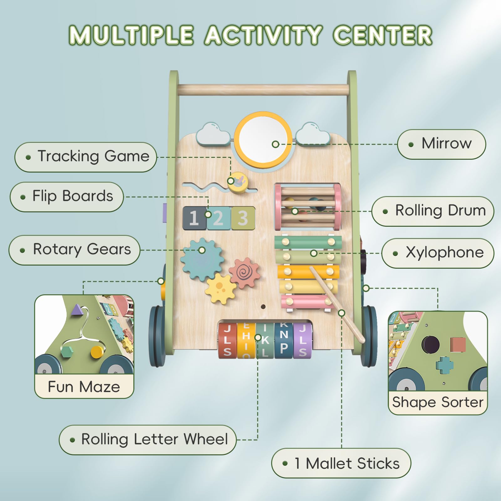 Wooden Baby Walker, Montessori Walker for Babies 6-12 Months, Push Walking Toys for 1 Year Old Learning to Walk