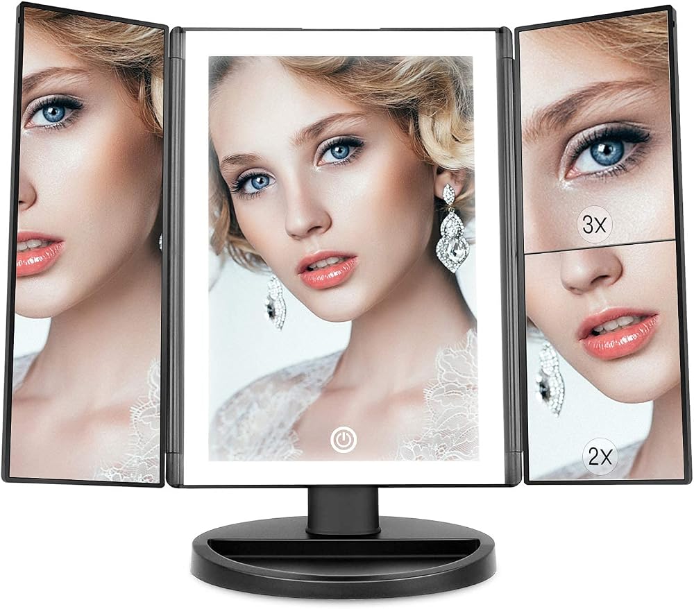 WEILY Lighted Vanity Mirror 1x 2x 3x Magnification Trifold 36 LED USB
