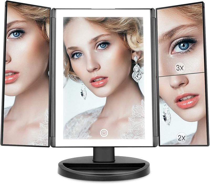 WEILY Lighted Vanity Mirror 1x 2x 3x Magnification Trifold 36 LED USB