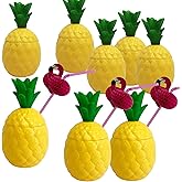 GiftExpress 12-pack Plastic Pineapple Cups with Flamingo Straws, Hawaiian Party Cups Luau Aloha Party Favor