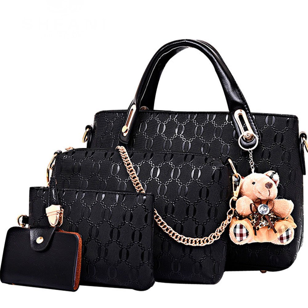 FiveloveTwo Women 4Pcs Top Handle Satchel Hobo PU Leather Handbag Set Large Tote + Purse + Shoulder Bag + Card Holder Black