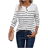 SweatyRocks Women's Striped Long Sleeve Tops Casual Crew Neck Button Front T Shirts Fall Outfits
