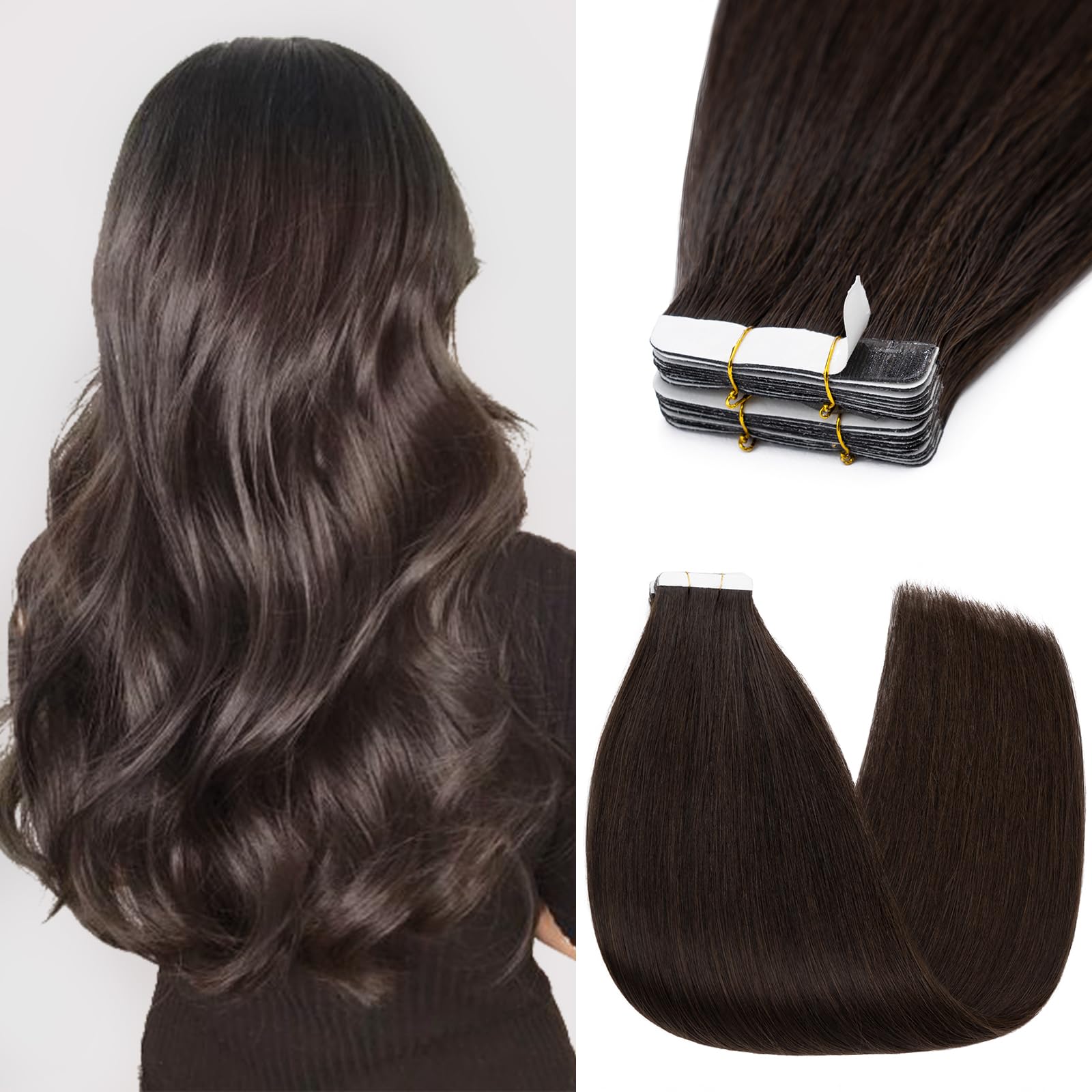 Silk-co #02 Dark Brown Tape in Hair Extensions 24in 100% Real Remy Straight Human Hair Straight Invisible Glue Skin Weft 10 Pcs 25g