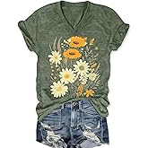 Graphic Tees for Women V-Neck Boho Tops Wildflowers Vintage Western Short Sleeve Fall Shirts