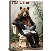 Bear Bathroom Canvas Wall Art Picture Funny Forest Animal Poster Prints Humorous Bear Sitting On The Toilet Painting Wall Decor for Washroom Restroom 16x24in Framed Ready To Hang