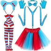10 Pcs World Book Day Thing Costume Accessories Set - Blue Cat Ear Headband Bowtie Suspenders Tutu Striped Gloves Tights with Cartoon Character Role Play Supplies for Halloween