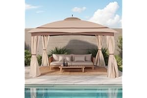 FAB BASED 11x13ft Gazebo for Patio, Gazebo with Curtains & Sandbags, Double Tier Roof Round Leg Marquee Canopy for Garden, Deck, Backyard, Lawn (Khaki)