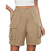 Gleeneat Bermuda Shorts for Women Cargo Cotton Shorts High Waist Knee Length 6 Pockets 2025 Summer Casual