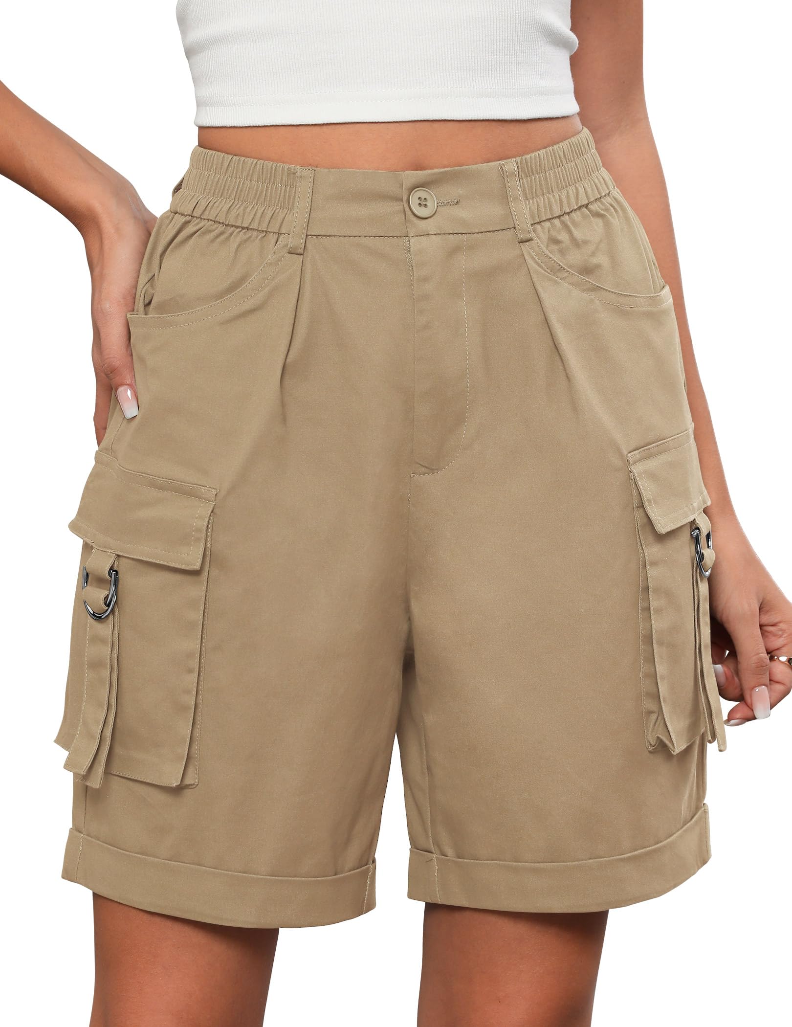 Photo 1 of ** UNKNOWN SIZE***Gleeneat Womens Cargo Bermuda Shorts High Waisted Knee Length Summer Cotton Casual Baggy Long Hiking Short with 6 Pockets 2025 Trendy Khaki