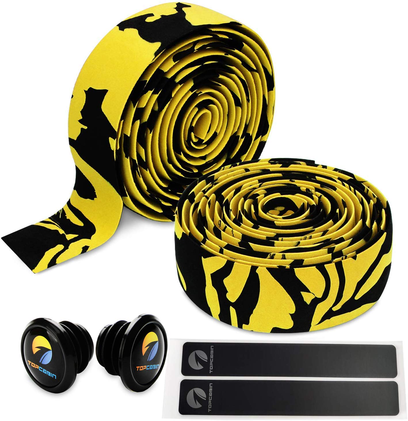 TOPCABIN 2 Rolls Bicycle Handlebar Tapes Camouflage Series Comfort GEL Road Bike Handlebar Tape Bike Bar Tape with Reflective Bar Plugs ((a pair) Yellow)