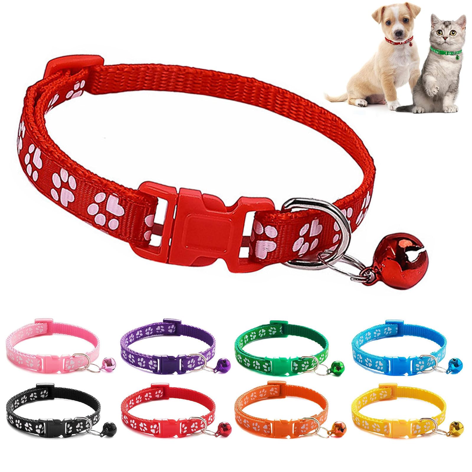 8Pcs Puppy Collars, Dog Collars with Bell, Puppy Whelping Collars with Paw Print, Adjustable Size 19-32cm, for Small Dog Cat