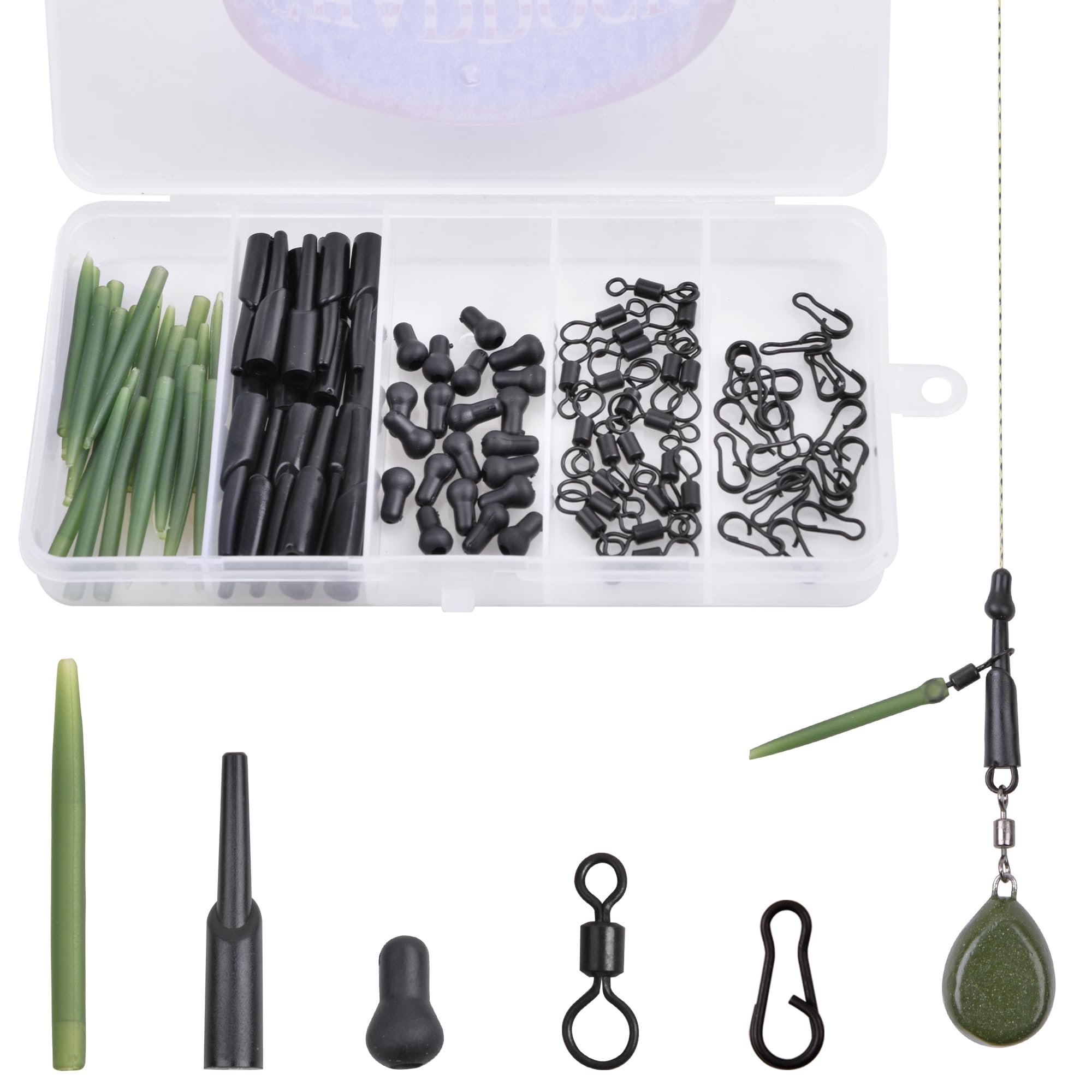 Carp Fishing Accessories Tackle Box Kit Running Rig Rubber Chod Rigs Clips Connector Anti-Tangle Sleeves Carp Fishing Terminal Tackle(100pcs/box)
