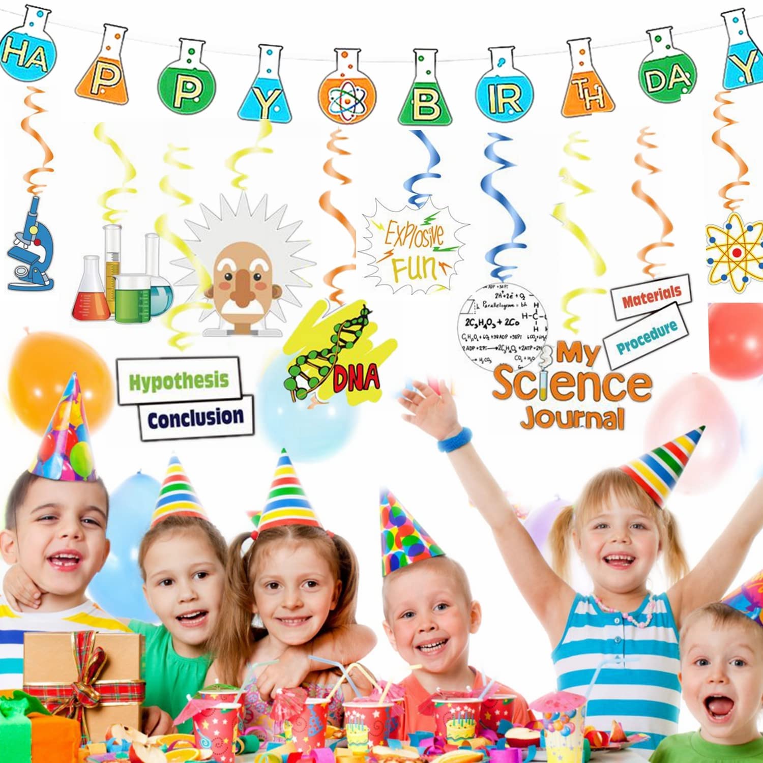 Science Theme Birthday Decoration Kit Birthday Banner & Hanging Swirls Ceiling Whirl Streamer Hanging Cutouts Set Mad Science Party for Chemistry Laboratory Party
