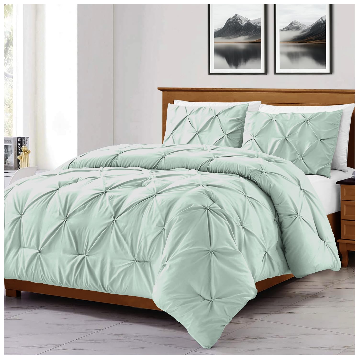 GC GAVENO CAVAILIA 3 Pieces Diamond Duvet Cover | Super Soft Pinch Pleat Bedding Double | Light Weight Pintuck 1x Quilt Cover Bedset With 2x Pillowcases | Duck Egg