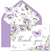 Whaline 24Pcs Floral Butterfly Thank You Cards Purple Flower Greeting Cards with Envelope Stickers Spring Watercolor Blank Note Cards for Birthday Wedding Baby Shower Bridal Shower, 4 x 6 Inch