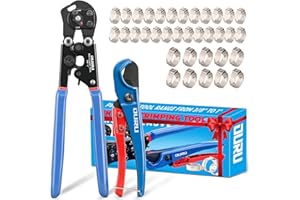 OURU 2 IN 1 Ratchet Pex Crimping Tool Cinch and Remove Combo Function Pex Pipe Crimp Tool from 3/8" to 1" Pex Crimper with Pex Cutter and Stainless Steel Pex Clamps 1/2" 25PCS,3/4" 10PCS