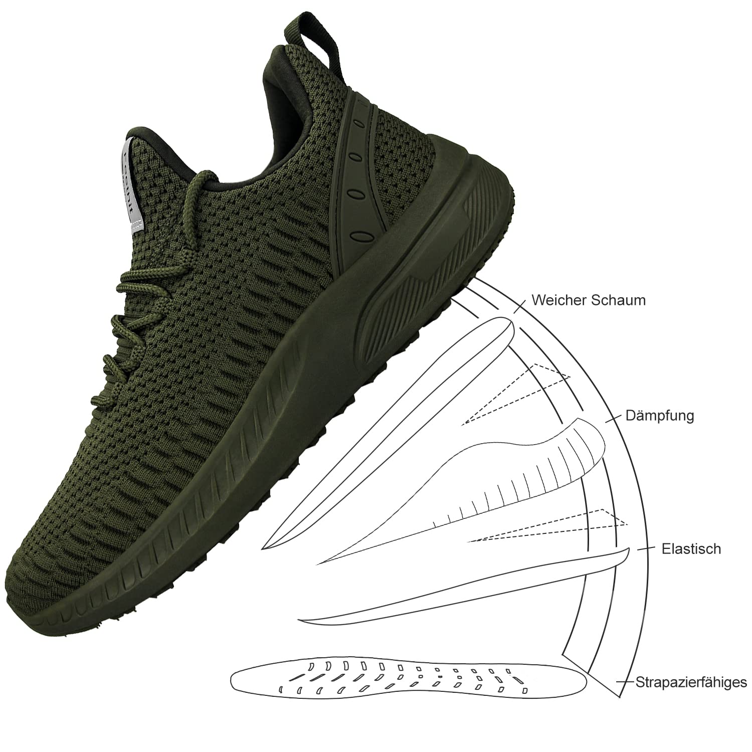 Feethit Sneaker Herren Laufschuhe für Gehen,Joggen,Laufen,Sport Armeegrün 44 4