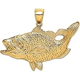JewelryWeb 43.2mm 10k Solid Yellow Gold Open Mouth Bass Animal Sealife Fish Charm Pendant Necklace for Women