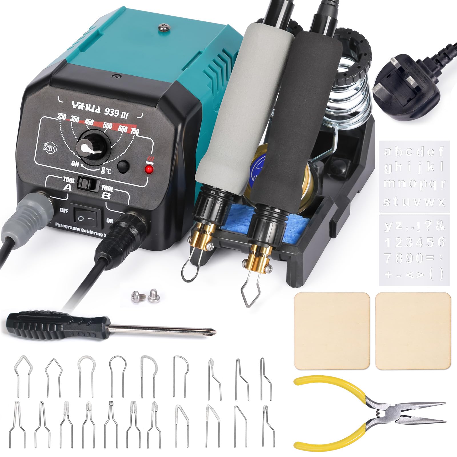 YIHUA 939-III Pyrography Tool Kit Wood Burning Station with 2 Pyrography Pens (Wire-Nib Type) with 20 Wood Burning Tips 2 Pyrography Wood(UK Plug)