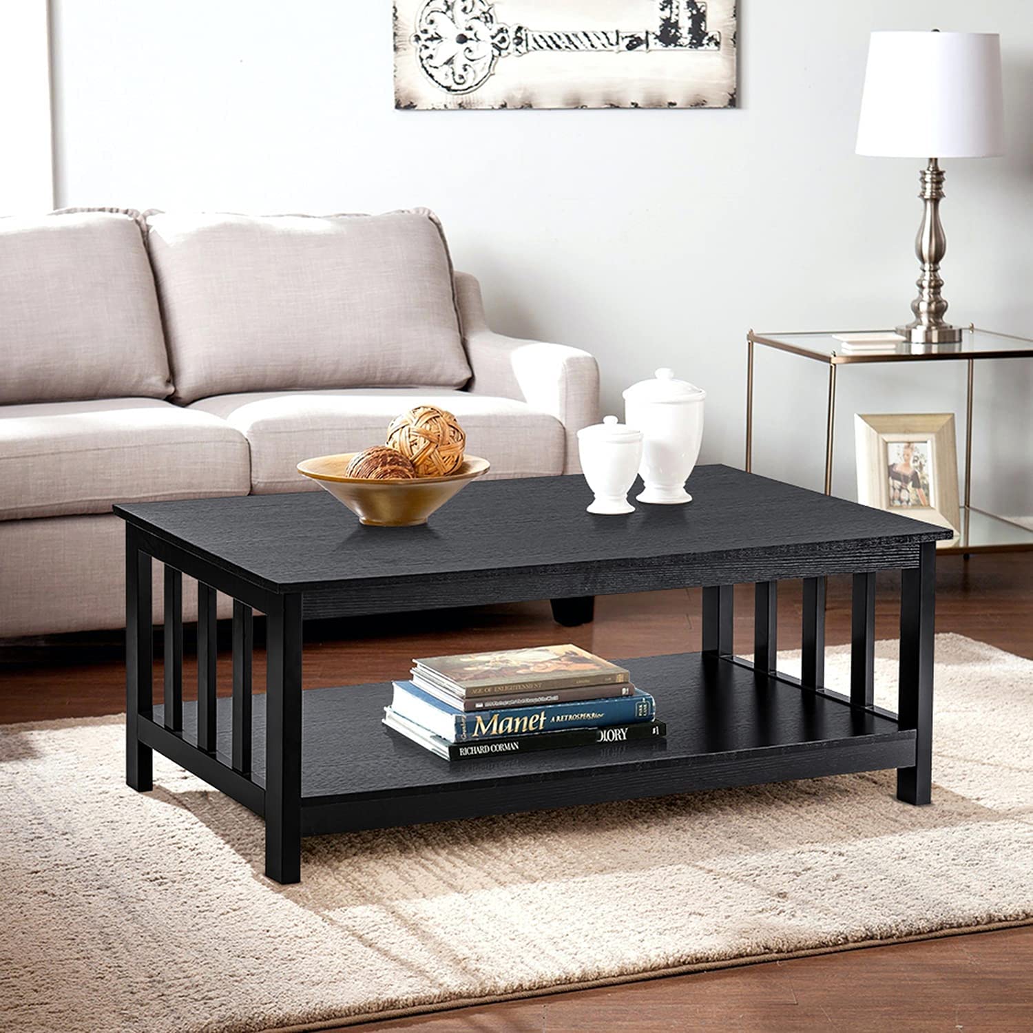ChooChoo Mission Coffee Table, Black Wood Living Room Table with Shelf