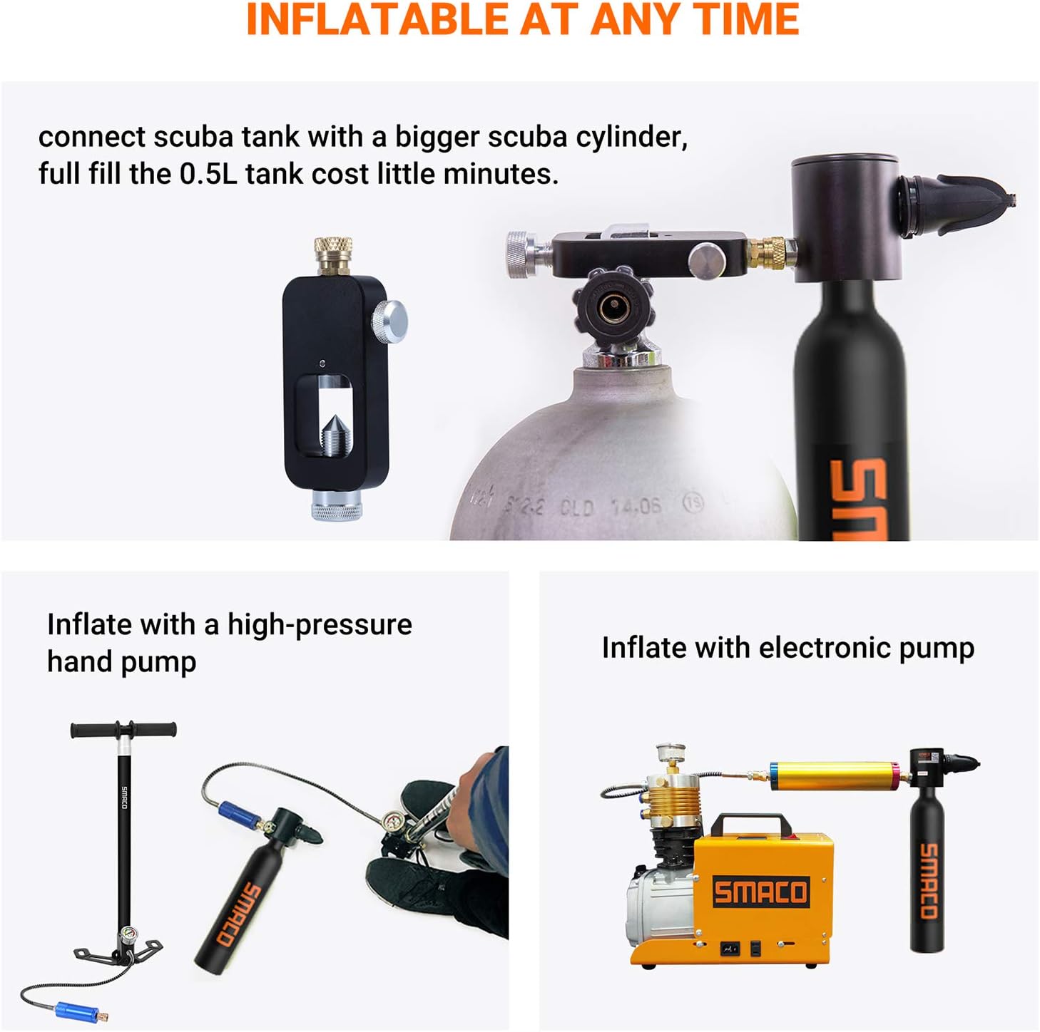 Mini Scuba Tank with Pump Scuba Tank for Beginner Diving Support 6-10 Mins Breath Underwater 0.5L Scuba Diving Tank for Shallow Water Sightseeing/Underwater Photography/Water Rescue, Package B(Black) : Sports & Outdoors