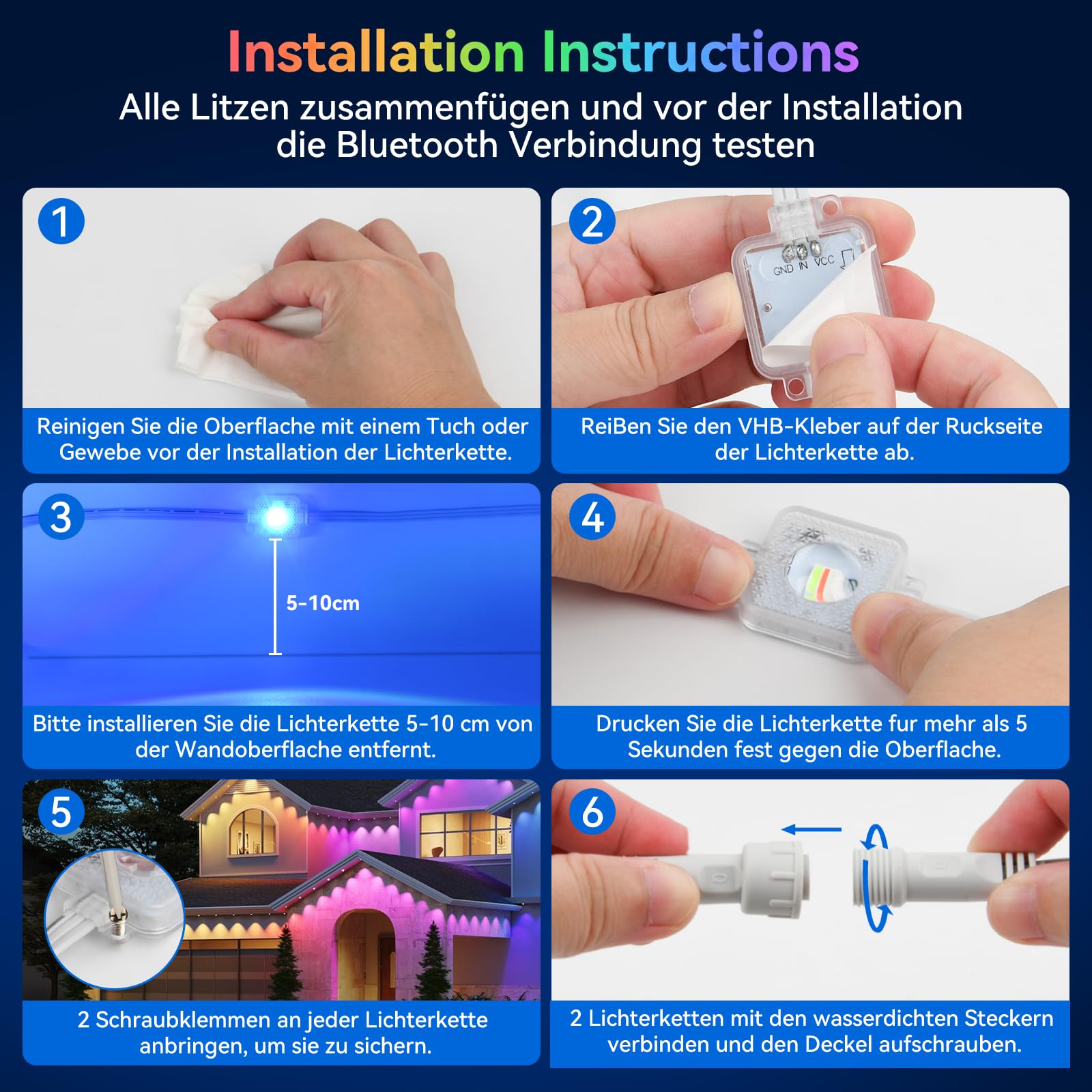 AVANLO Permanente Lichterkette Außen, 15M 30 LEDs RGBIC Outdoor Lichterkette Strom, Multimodus, APP & Fernsteuerung, IP65 Wasserdicht Trauflichter für Traufe, Dach, Balkon, Party Deko 6