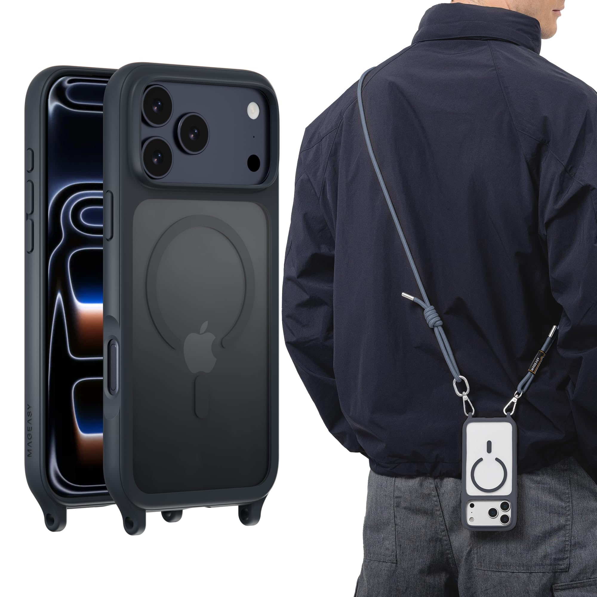 Photo 1 of MAGEASY Compatible with iPhone 17 Pro Max 6.9" Case with Crossbody Strap - 16ft Drop Protection, Compatible with MagSafe | Roam M (Midnight)