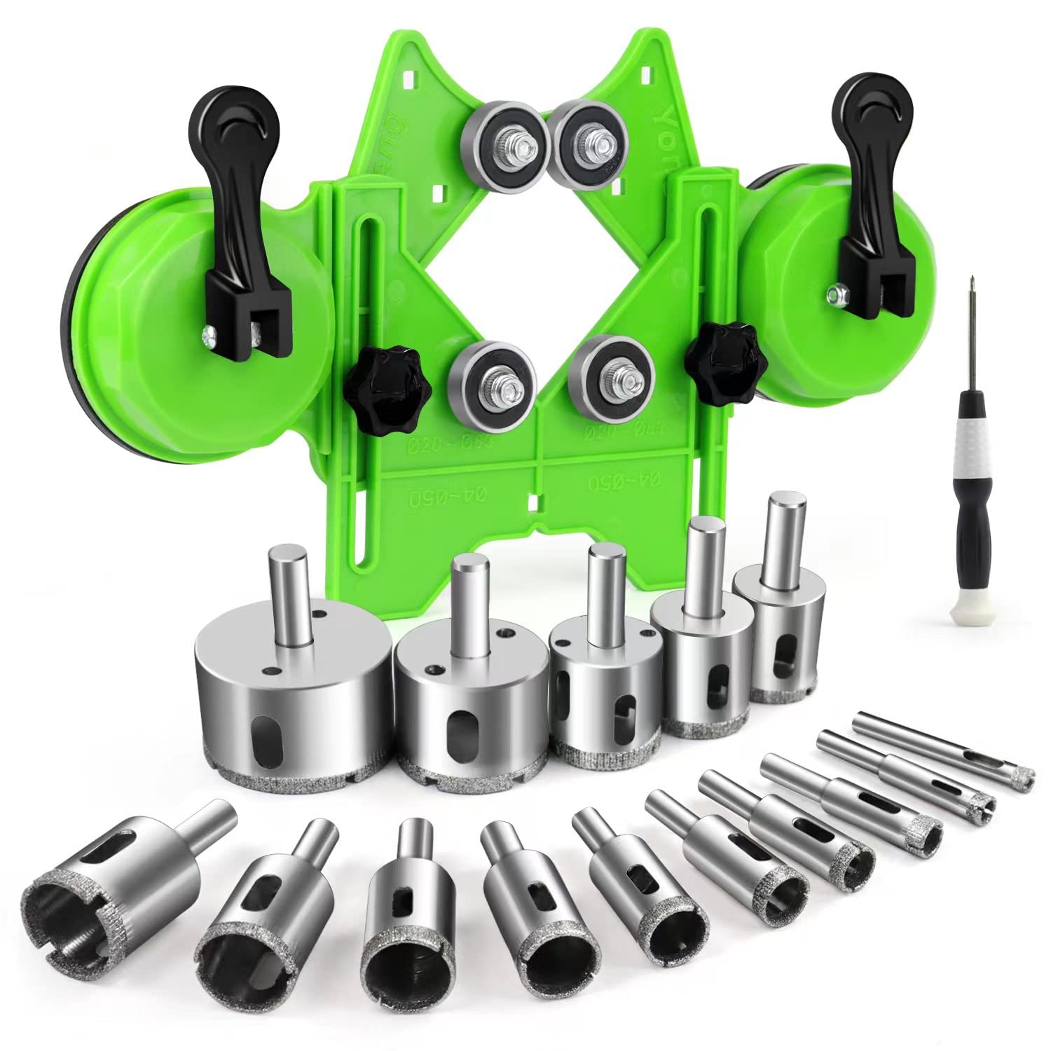 Photo 1 of Diamond Hole Saw Kit 17PCS Tile Drill Bits Sets with Double Suction Cups Hole Saw Guide Jig Fixture from 6 mm-50 mm Hollow Drill Hole Saw Set for Ceramic, Glass, Tile, Porcelain, Marble, Granite