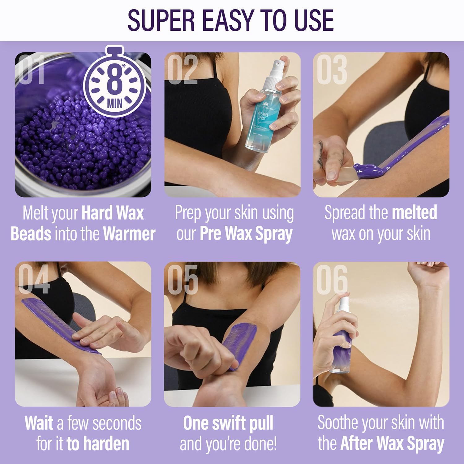 Tress Wellness Waxing Kit for Sensitive Skin, Safe for Face & Skin, Prep & Aftercare Spray, Easy to Use, At-Home Kit for Face, Bikini, Brazilian & Full Body - Digital Display, Black Purple Flower