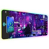 Lauspuck RGB Mouse Pad with 15W Wireless Charging, Purple Anime Neon Extended Large LED Gaming Mouse Pad Non-Slip Rubber Base, 10 Light Modes Desk Pad for Home Office-Warrior Cat