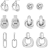 QJLE 6 Pairs Gold Dangle Earrings for Women, 14K Gold Plated Earrings Geometric Knot Drop Huggie Earrings Trendy Jewelry Gifts