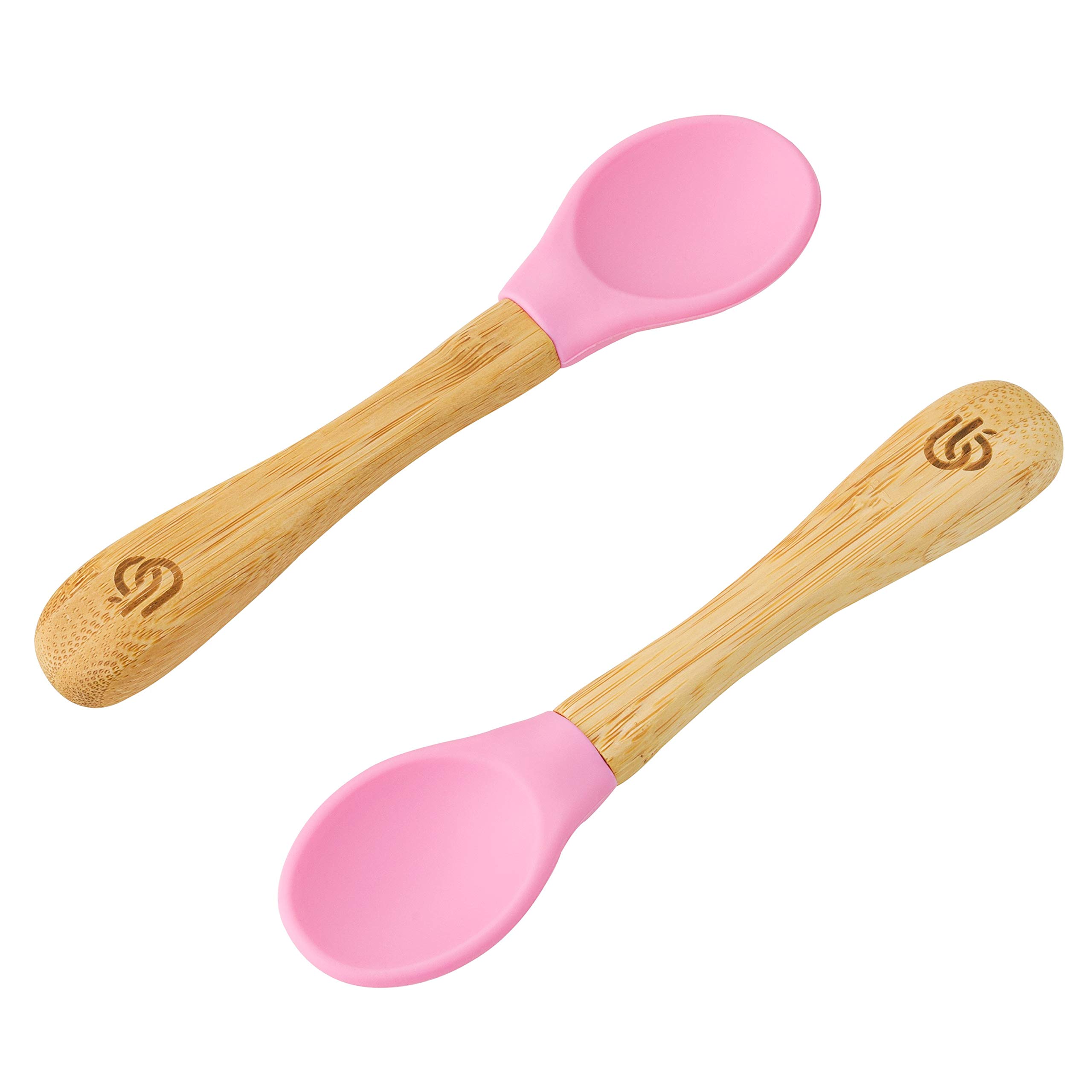 bamboo bamboo ® Baby Weaning Spoons Set of 2 | Bamboo with Soft Silicone Tips | Ergonomic Easy Grip Handles | BPA-Free (Set of 2, Pink)