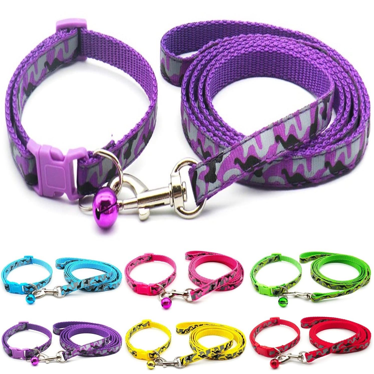 Small Dog Puppy Pet Collar and Lead Set Camo Camouflage Design Nylon Adjustable Size 19-32cm Collar with Bell and 120cm Leash Purple