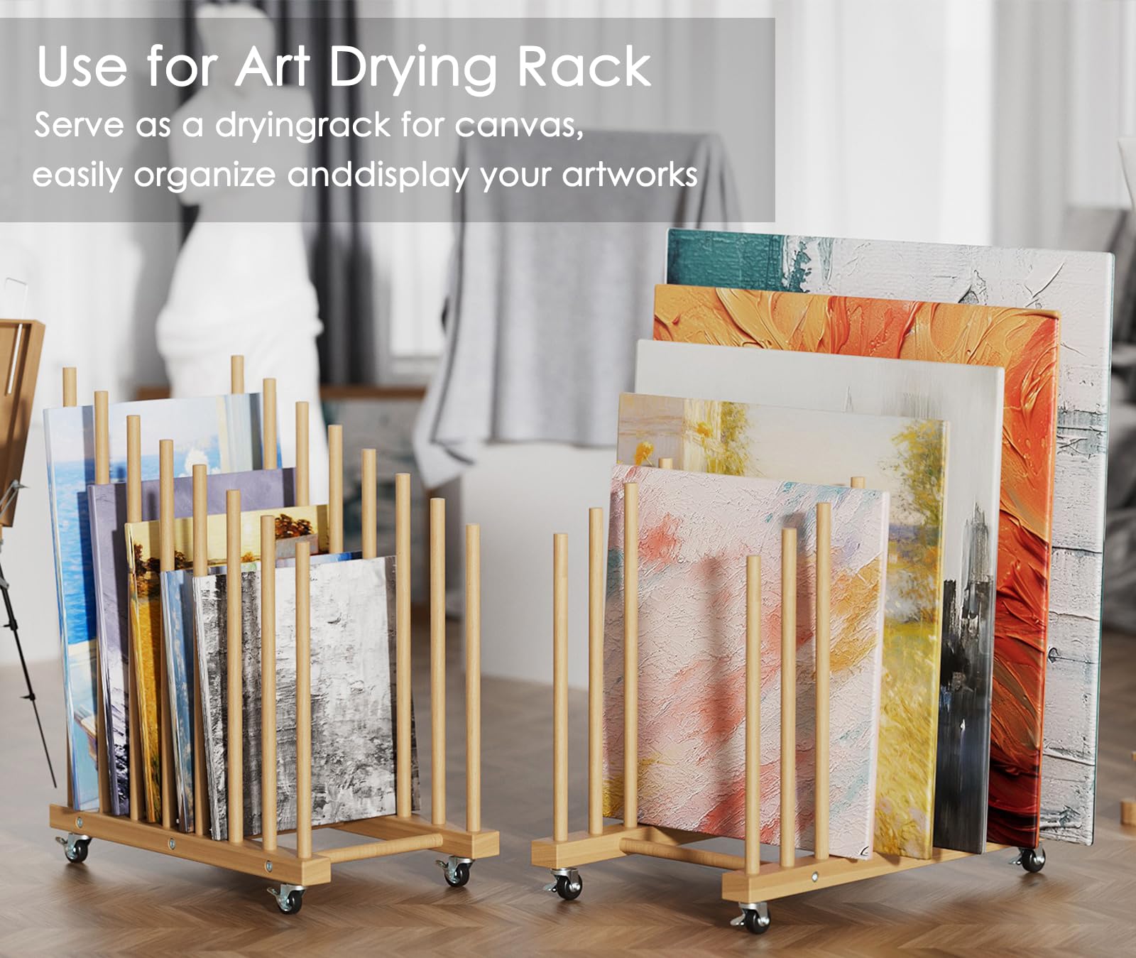 Art Storage Rack with Caster Wheels Art Drying Rack Wood Storage Stand for Canvas Storage, Drawing Board Storage Rack, Printed Matter, Paper Pad for Art Studio, Gallery, Artworks